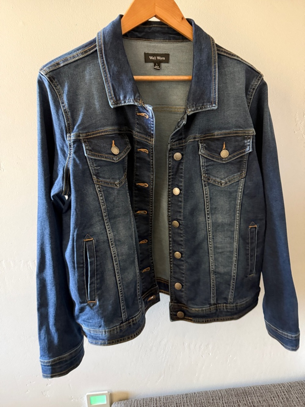 Well Worn Dark Indigo Denim Jacket with Contrast Stitching Large